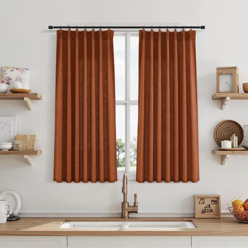 Miniatura 97 de Juego de 2 paneles de cortinas de ventana de cocina beige de 24 pulgadas de largo, con textura de lino, plisadas, filtrantes de luz, semi pequeñas