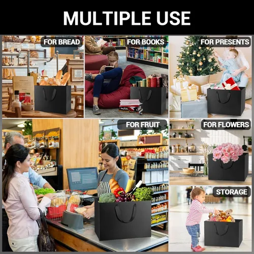 Miniatura 4 de EUSOAR Bolsas de regalo grandes negras, paquete de 12 bolsas de papel de compras de 16 x 6 x 12 pulgadas con asas, bolsa de mercancía de papel kraft