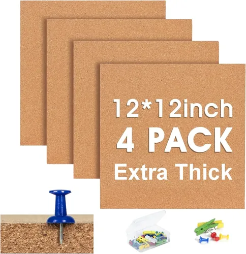 Tablero Cuadrado de Corcho para Paredes - SVOPY Paquete de 4 Tableros de Corcho Extra Gruesos de 12x12 Pulgadas para Decoración de Oficina en Casa,