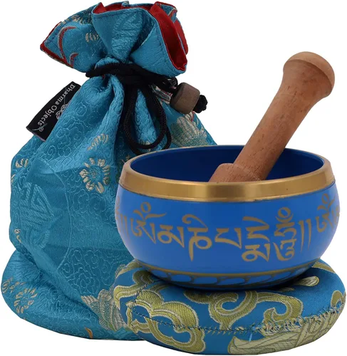 Miniatura 16 de DharmaObjects ~ Juego de cuencos tibetanos OM con mazo, cojín de brocado y bolsa de transporte ~ para meditación, curación de chakras, oración, yoga