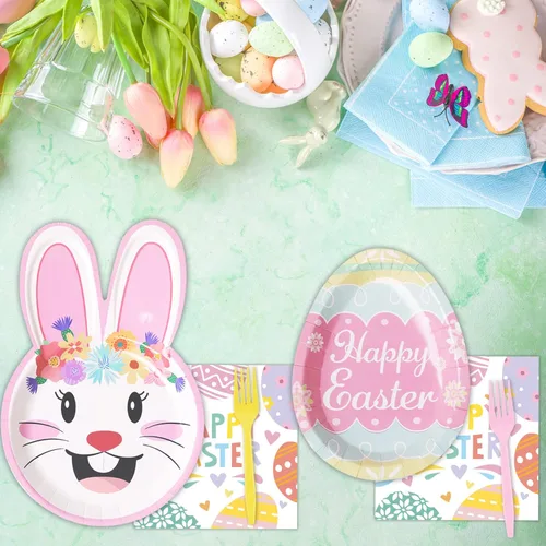 Miniatura 5 de Tevxj Juego de vajilla de Pascua de 96 piezas con forma de huevo de conejo, platos de papel desechables coloridos para cacería de huevos de Pascua