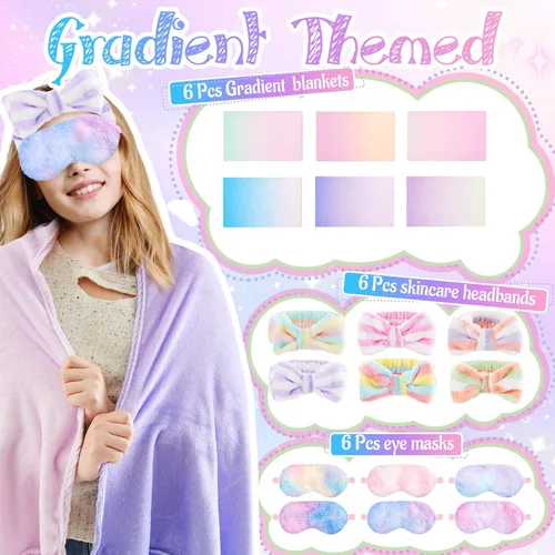 Miniatura 3 de Fanfanwin 18 piezas de suministros de fiesta de pijamas para niñas, 6 estilos lindos degradados, 6 diademas de forro polar coral para spa, 6