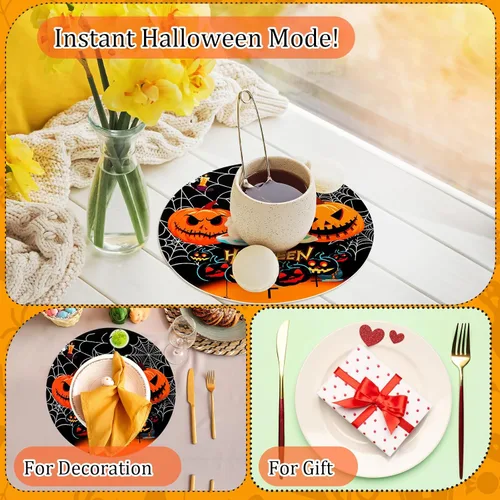 Miniatura 6 de Juego de 6 manteles individuales redondos de calabaza de Halloween, lavables, de piel de calabaza, juego de 6 manteles individuales para fiesta