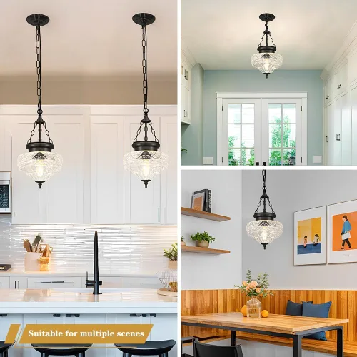 Miniatura 5 de Lámpara colgante vintage, luces colgantes negras mate para isla de cocina con vidrio grueso único, accesorios de iluminación colgantes con cadena
