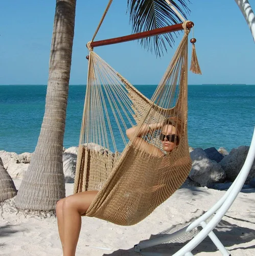 Miniatura 5 de Larga silla hamaca grande caribeña con reposapiés, 48 pulgadas, poliéster, silla de colgar., Bronceado Moca