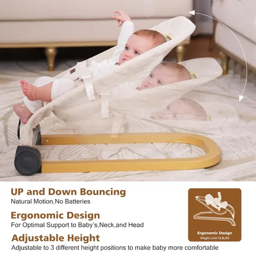 Miniatura 5 de Portabebés portátil y plegable con 3 ajustes de altura, gorila ergonómica para bebés de 0 a 6 meses, estilo de grano de madera, vibraciones Beige