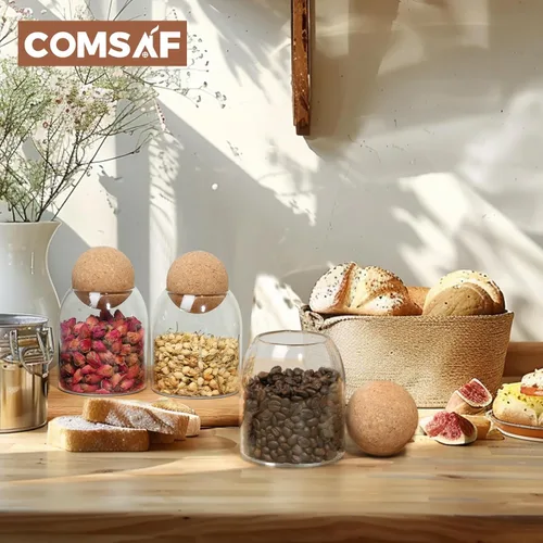 Miniatura 8 de ComSaf Tarro de vidrio decorativo transparente de 16 onzas con tapa de bola de corcho, barra de café, cocina, almacenamiento de baño, apto
