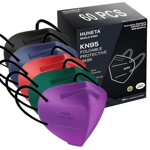 HUHETA Mascarillas KN95 envueltas individualmente, paquete de 60 unidades, 5 capas de protección, transpirables, desechables, mascarillas KN95 para