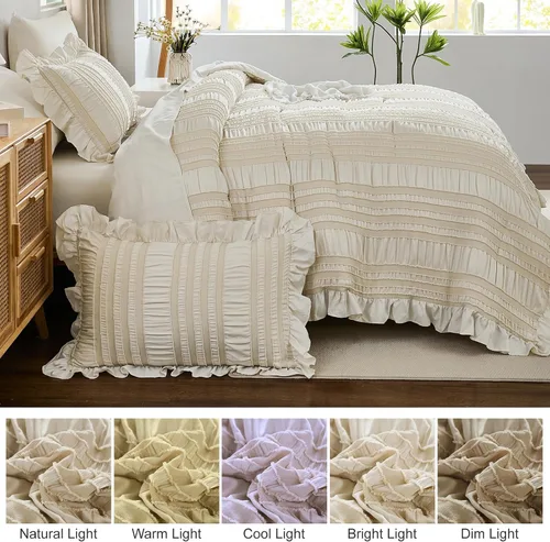 Miniatura 5 de WONGS BEDDING Juego de edredón individual, 6 piezas de cama beige en una bolsa para dormitorio, edredón bohemio con volantes para cama individual