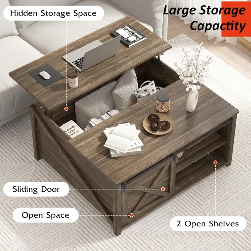 Miniatura 7 de PUKAMI Mesa de centro elevable con almacenamiento, mesa de centro de granja de 31.5 pulgadas para sala de estar, mesas de centro cuadradas con gran