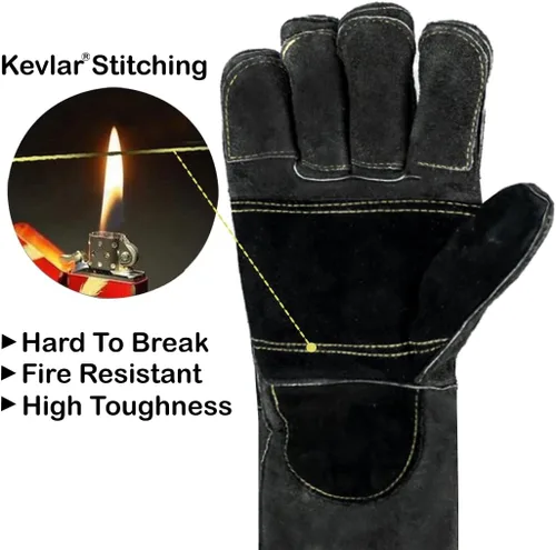 Miniatura 7 de Guantes de cuero para soldadura/barbacoa, 16 pulgadas, negro-gris, resistentes al calor/fuego, guantes