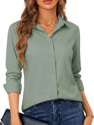 Miniatura 13 de BBIBBI Camisa de vestir elástica de manga larga con botones para mujer, blusa de trabajo casual de negocios (clásica, recortada y alta)