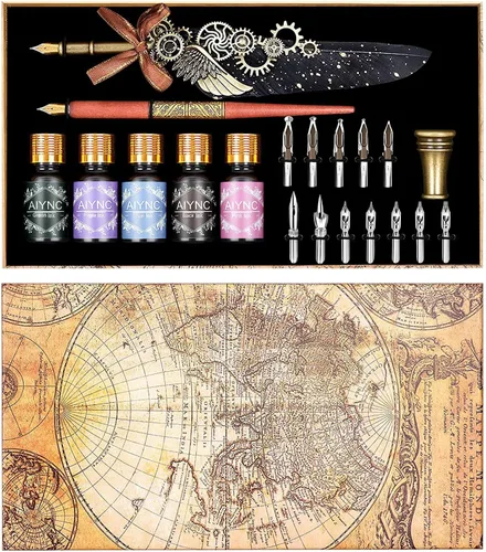 Pluma de Caña, Juego de Pluma de Caña con Tinta Incluyendo Pluma Mecánica y Pluma de Inmersión de Madera, 5 Colores de Tinta, 12 Plumillas de Negro