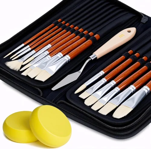 Miniatura 7 de DUGATO Juego de 15 pinceles para pintura artística con estuche emergente, cuchillo de paleta y esponjas, pelo de nailon para pintura acrílica, óleo