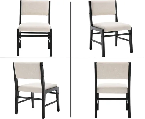 Miniatura 6 de HNY Juego de 2 sillas de comedor de lino beige con marco de madera negra, silla de cocina tapizada de tela moderna con respaldo rectangular, sillas