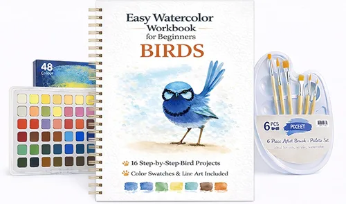 Miniatura 14 de Libro de trabajo de acuarela para principiantes – pájaros, 16 proyectos originales de acuarela, libro de papel de acuarela plano