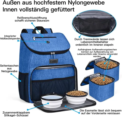 Miniatura 4 de BAGLHER Bolsa de viaje para perros, mochila de suministros para mascotas aprobada por aerolíneas, mochila de viaje para perros con 2 cuencos Azul-A