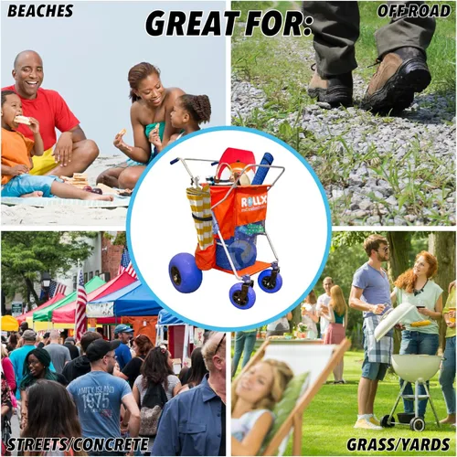 Miniatura 7 de RollX Carro de almacenamiento plegable con 4 ruedas de globo para arena, neumáticos de playa traseros de 13 pulgadas y delanteros de 7 pulgadas