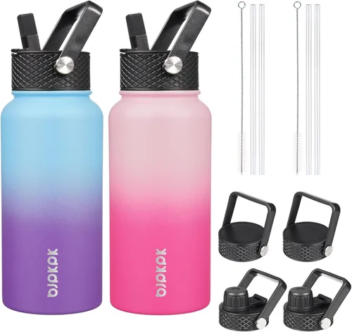 Miniatura 12 de BJPKPK Paquete de 2 botellas de agua aisladas con tapas con pajita, botella de agua de metal de acero inoxidable de 18oz con 6 tapas, jarras a
