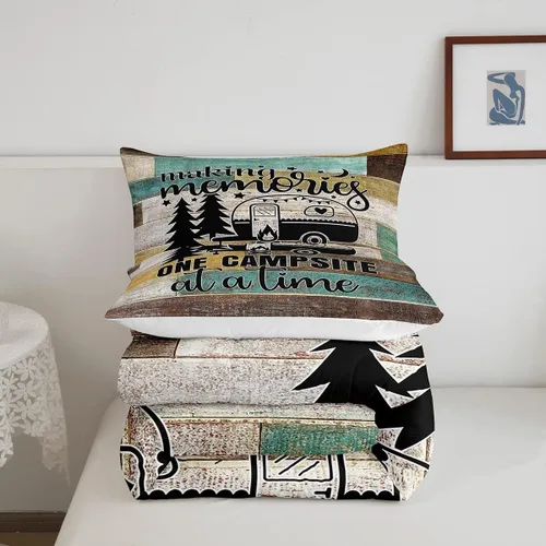 Miniatura 5 de Juego de ropa de cama con temática de cámper, juego de edredón de cabaña de madera marrón y verde, tamaño matrimonial, 3 piezas, decoración de Multi