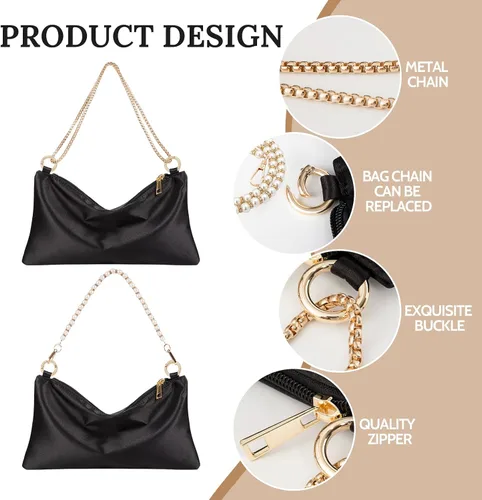 Miniatura 5 de Prpeko Bolso de noche de satén para mujer, bolso de mano para mujer, bolso de hombro de boda con 2 cadenas para fiesta de cóctel formal