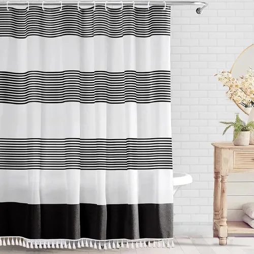 Miniatura 12 de bufftieo Cortina de regadera gris y blanca para baño con borlas estilo rústico moderno, cortinas de tela a rayas boho, juego de cortinas de regadera