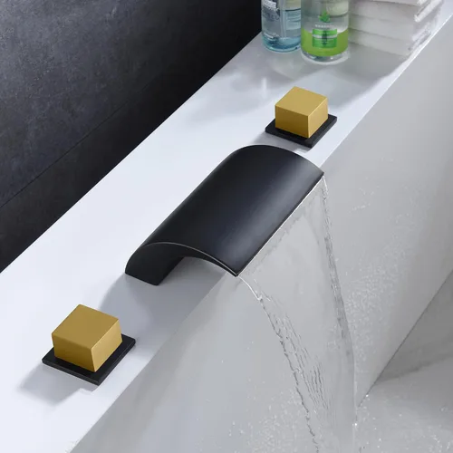 Miniatura 4 de SUMERAIN Grifo de bañera romano de 3 agujeros, montaje en cubierta de alto flujo, relleno de bañera en cascada con acabado negro y dorado