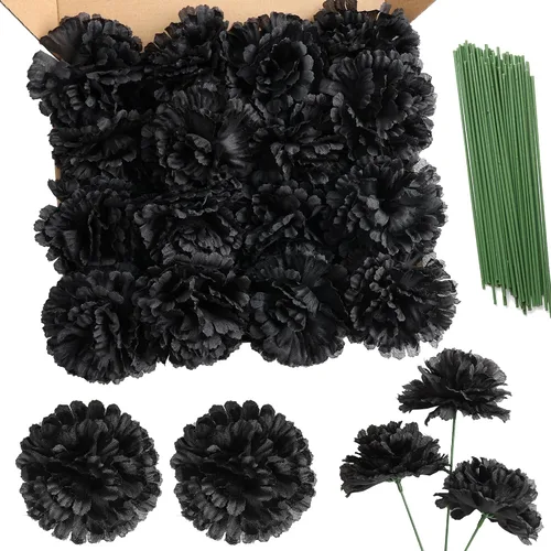 Miniatura 9 de Paquete de 50 palillos de clavel de seda artificial, cabezas de clavel de flores artificiales con tallos para bricolaje, ramos de boda, centros