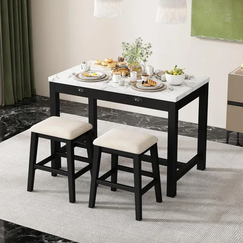 Miniatura 39 de JIVOIT Juego de mesa de comedor de 3 piezas con altura de mostrador, juego de comedor de madera maciza con 2 taburetes tapizados, mesa de comedor