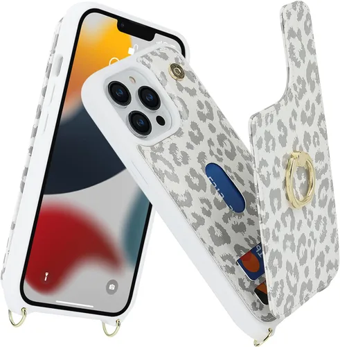 Miniatura 2 de Lipvina Funda para iPhone 13 Pro con tarjetero y correa para mujer, cordón cruzado, soporte de anillo con soporte, cierre a presión, bonitas fundas