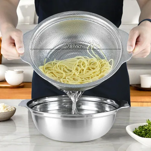 Miniatura 2 de Colador de acero inoxidable para cocina, colador de arroz de 2.5 cuartos con tazón para mezclar, juego de cuencos coladores con microporoso