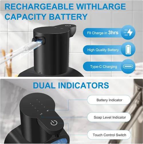 Miniatura 3 de Dispensador Automático de Jabón Líquido con Capacidad de 500ml / 17oz, Dispensador de Jabón Sin Tocar con Ajuste de 4 Niveles, Recargable, Montado