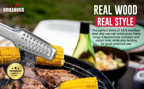 Miniatura 5 de Pinzas para barbacoa de acero inoxidable 18/0 de 9 pulgadas con mango ergonómico de madera de roble real para cocinar, accesorio duradero