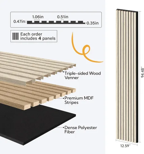 Miniatura 4 de Olanglab - Paquete de 4 paneles de pared 3D acústicos de listones de madera, 94.5 x 12.6 pulgadas cada uno, para decoración de pared