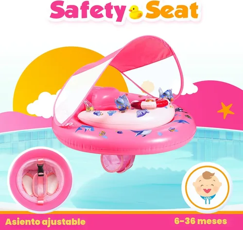 Miniatura 4 de Flotador de piscina para bebé con dosel de protección solar UPF50+, flotadores inflables para piscina de niños con consola de juego para bebé de 6 a