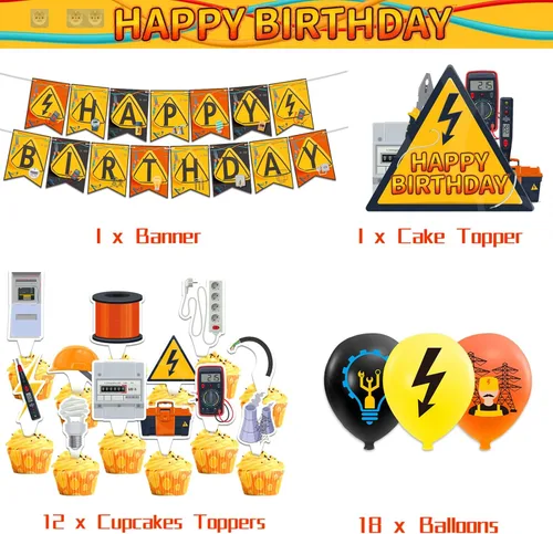 Miniatura 2 de Decoraciones de fiesta de electricista, electricista, liniero, decoraciones temáticas incluye pancarta de feliz cumpleaños, decoración de tartas