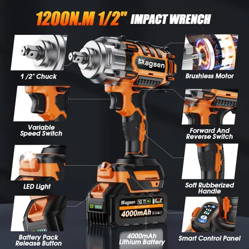 Miniatura 8 de Llave de impacto inalámbrica de 1/2 pulgada, pistola de impacto de alto par sin escobillas de 900 pies-libras (1200 N.m), 3800 RPM, 3 velocidades