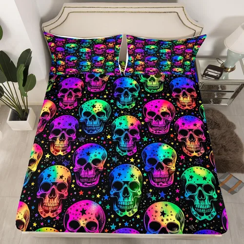 Miniatura 11 de Erosebridal Sábanas de calavera de azúcar, sábana bajera ajustable de Halloween, tamaño individual, ropa de cama de galaxia trippy morada, funda