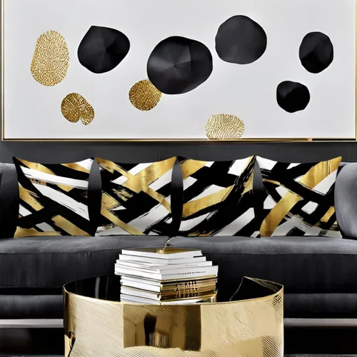 Miniatura 4 de Juego de 4 fundas de almohada negras y doradas, fundas de almohada de 18 x 18 pulgadas, almohadas geométricas abstractas a rayas para decoración