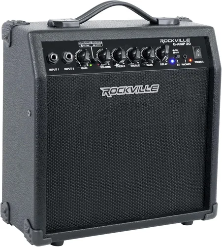 Rockville G-AMP - Amplificador combo de guitarra de 20W con Bluetooth, delay, entradas duales de guitarra, limpio/overdrive, controles de EQ,