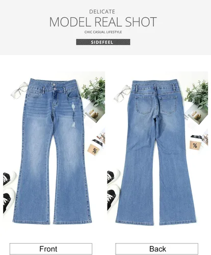 Miniatura 7 de Sidefeel Pantalones de mezclilla acampanados destruidos de cintura alta para mujer