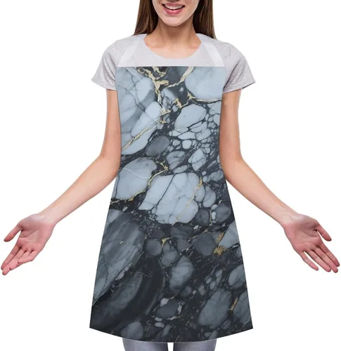 Miniatura 3 de MUSM Apron for Adults - 27.6 X 31.5 Inch, Heavy-Duty Polyester Aprons with Two Large Pockets, Waterproof Black Textured Marble Kitchen Apron for