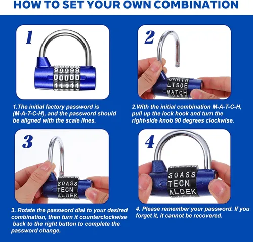 Miniatura 4 de 4 candados de combinación de 5 letras, candado de seguridad de metal resistente reiniciable sin llave en 4 colores para casillero de gimnasio, caja
