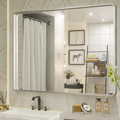 Miniatura 40 de TETOTE Espejo de marco dorado cepillado de 16 x 24 pulgadas, espejo de tocador de baño de latón dorado para pared, espejo enmarcado rectangular
