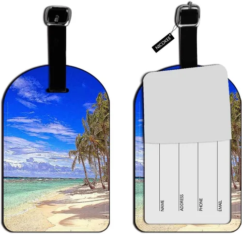 Etiquetas de equipaje de vacaciones con nubes tropicales de playa, isla y cielo, tarjetas de equipaje de mano, de cuero, para maletas de viaje,