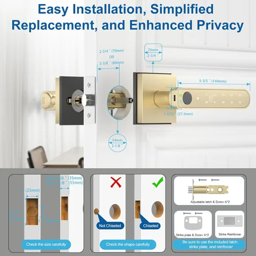Miniatura 7 de Cerradura de puerta con huella digital dorada, perilla inteligente con impresión de dedos, cerradura de puerta de dormitorio sin llave con control