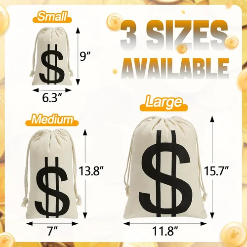 Miniatura 4 de 4 bolsas de dinero de lona de 6.3 x 9 pulgadas, bolsa de dinero de Halloween con letrero de dólar, sacos de dinero para disfraz de ladrón de bancos