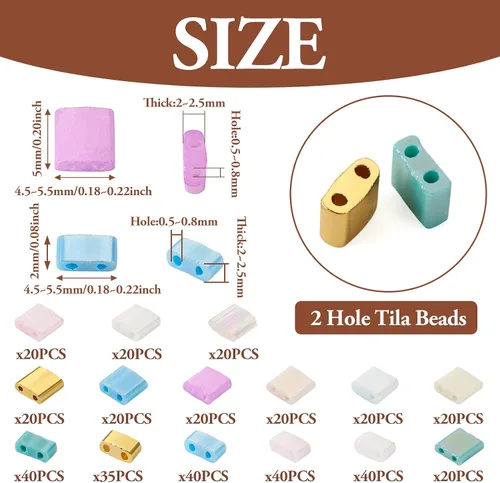 Miniatura 2 de Pandahall 395 Piezas Cuentas de Vidrio Tila Opacas de 2 Agujeros - Cuentas Espaciadoras Sueltas Rectangulares Planas Cuadradas 2 Tamaños 15