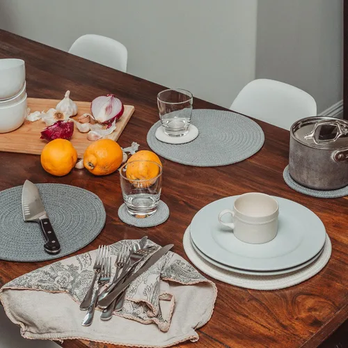 Miniatura 7 de OrganiHaus Juego de 6 posavasos de algodón absorbente, decoración rústica de estilo bohemio para mesa de café y protección de bebidas, posavasos