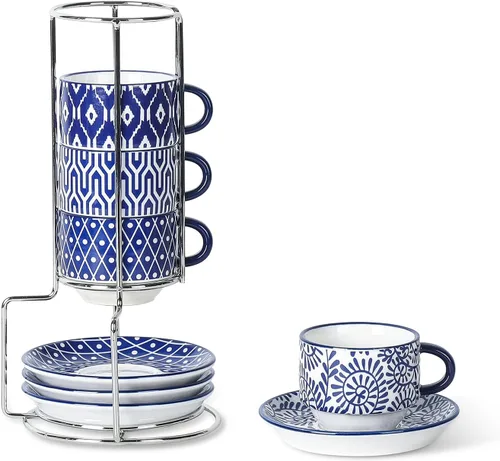 Miniatura 7 de Selamica Tazas de café expreso de cerámica con platillos y soporte de metal, tazas demitasse apilables de 2.5 onzas para café expreso, latte, café